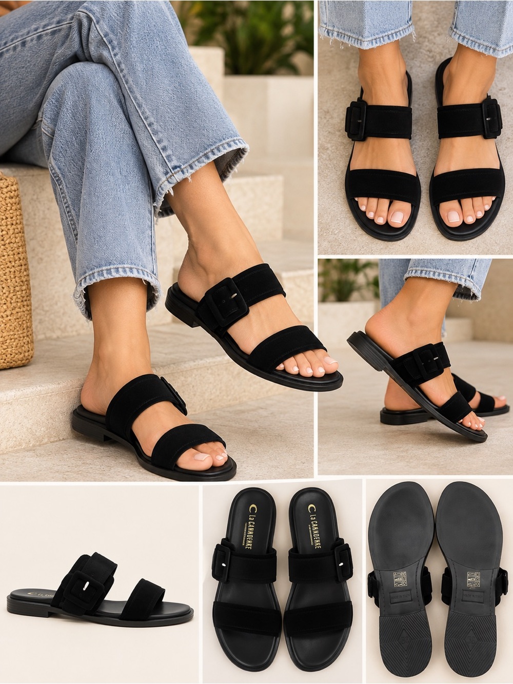 La Canadienne Fennix Black Suede Slide Sandals Size 7 Made in Italy